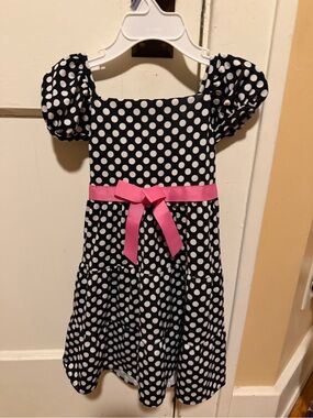 Y2K Rare Too! Black & White Polka Dot 4T Dress with Pink Bow